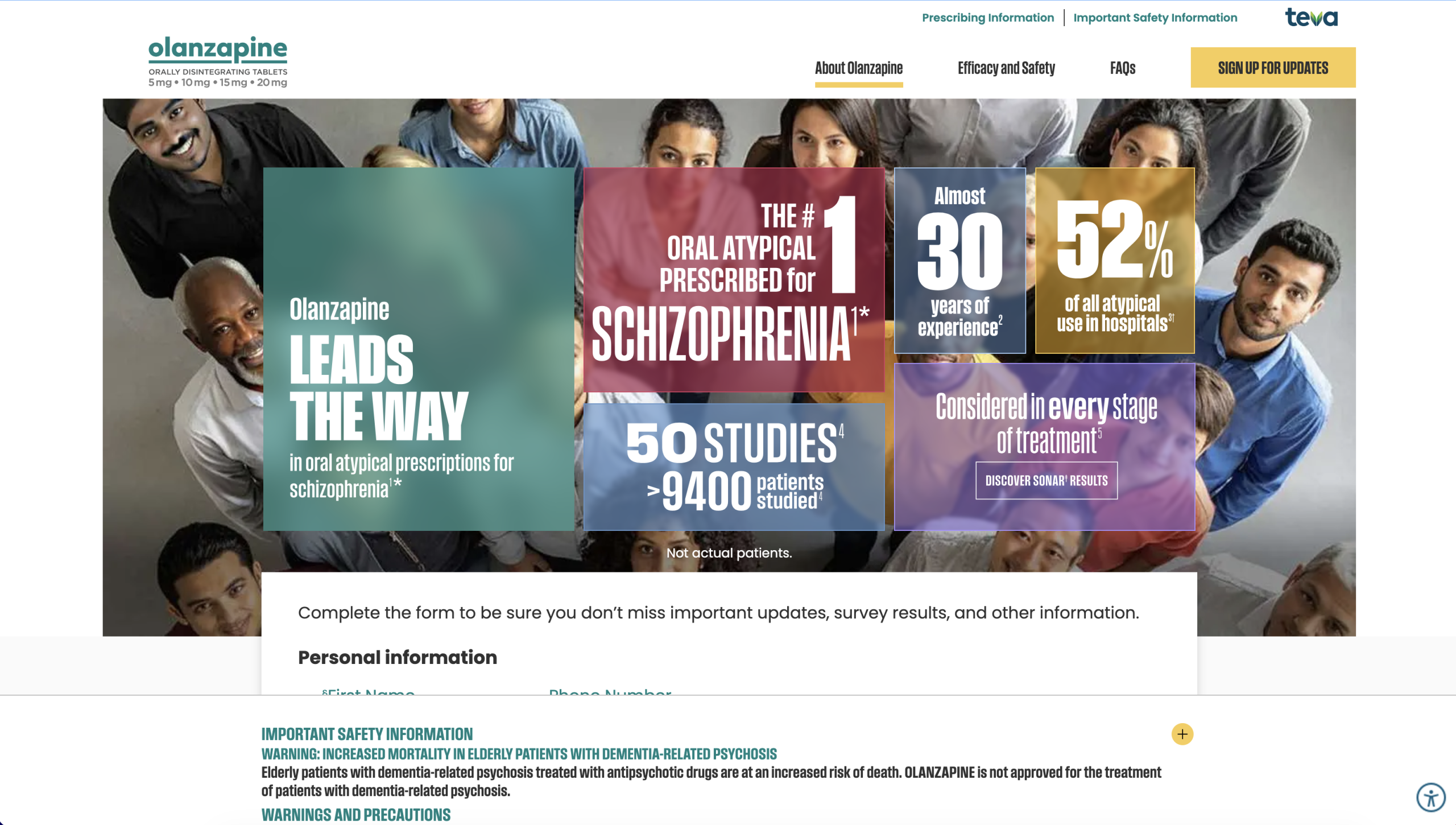 Screenshot of Olanzapine.com, the pharmaceutical website developed after Teva acquired the domain